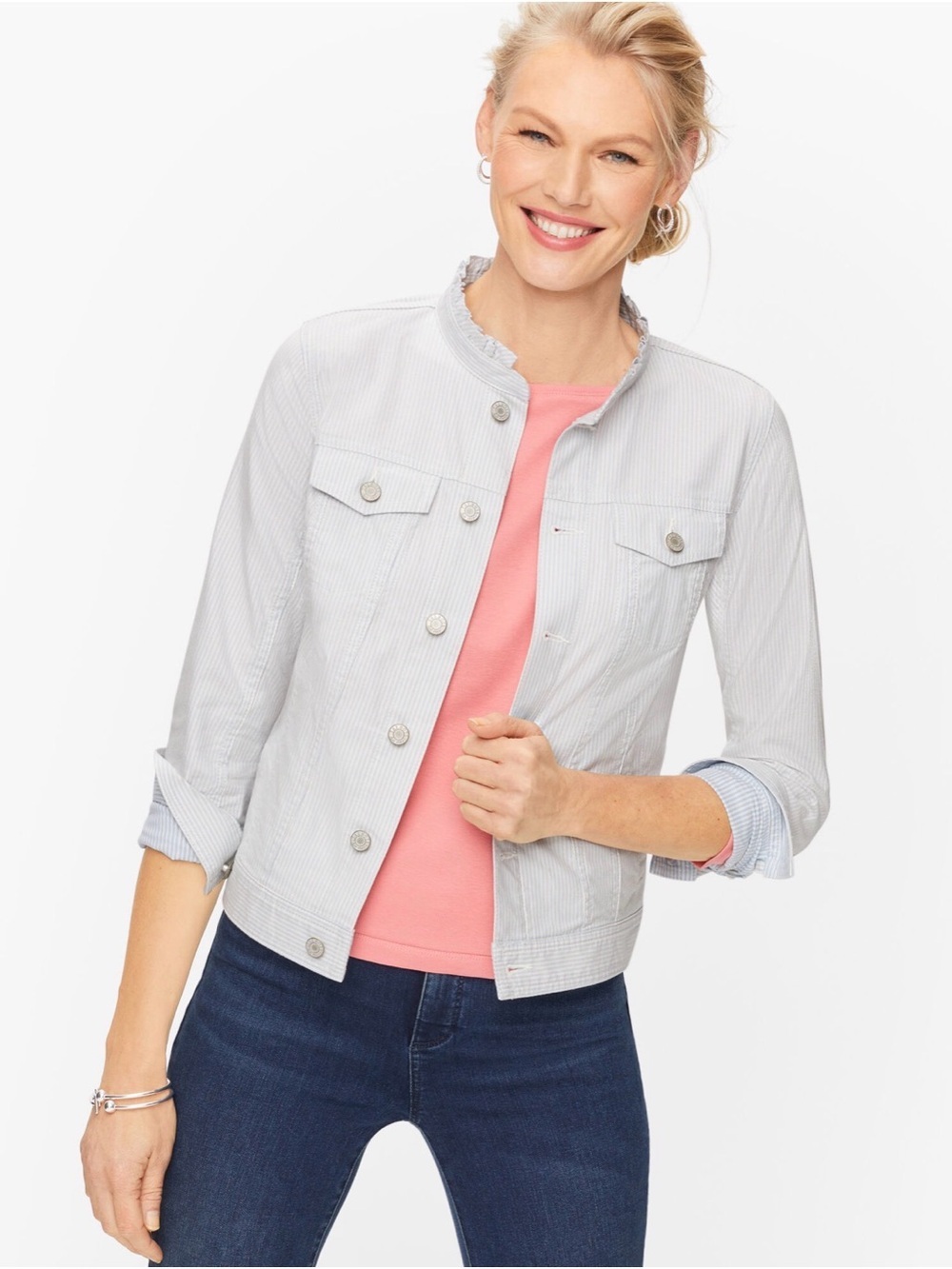 Talbots Women’s Light Blue & White Striped Feminine Collar Denim Jacket